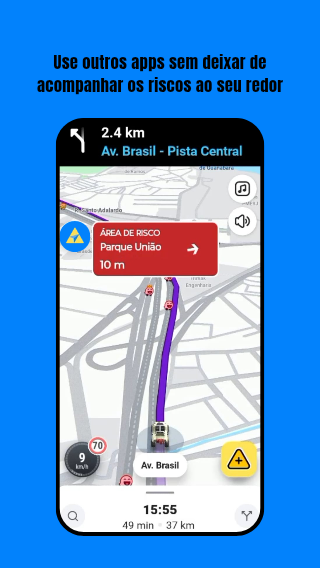 Aviso de Área de Risco Parque União a 10 metros, exibido sobre o aplicativo de navegação