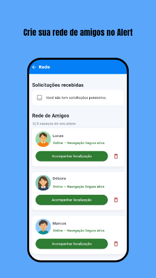 Tela Rede de Amigos do Alert com amigos online e botão Acompanhar localização